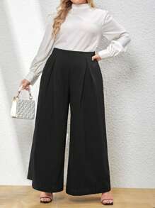 SHEIN Privé Plus Solid Fold Pleated Wide Leg Pants - Black - View 5