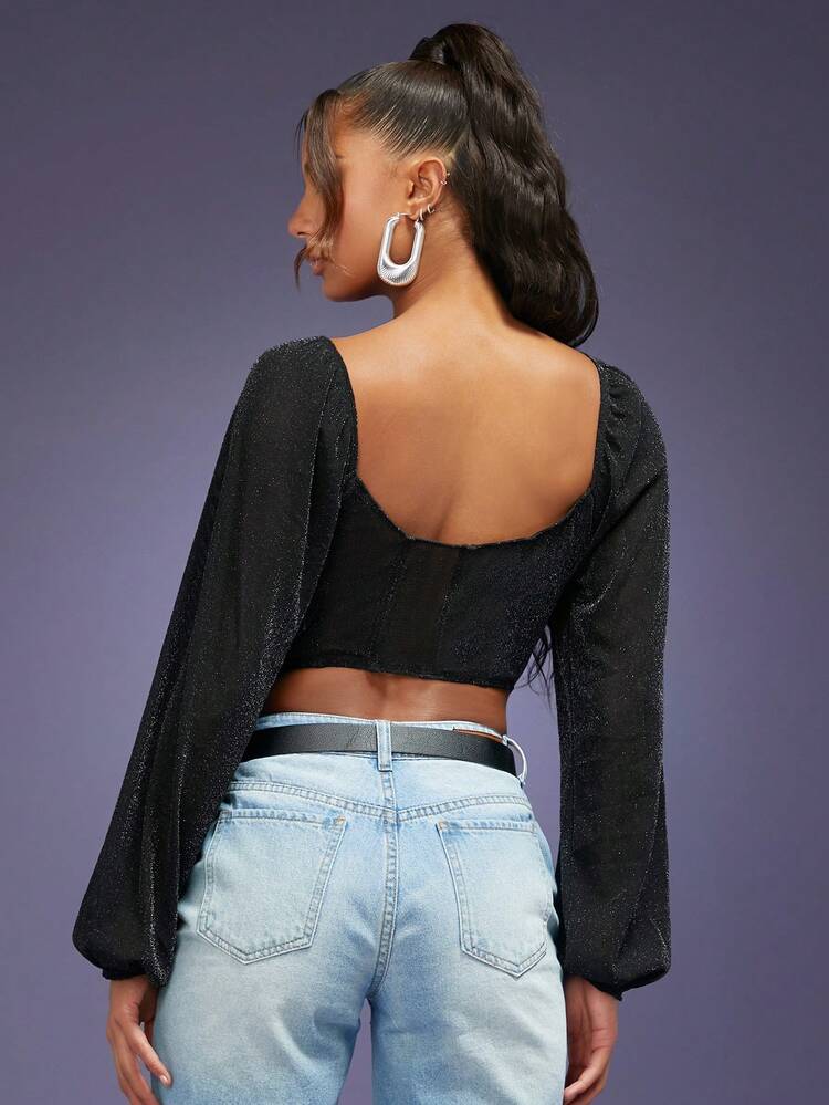 Women's Patchwork PU Leather Sweetheart Neck Sequin Lantern Sleeve Cropped Fashionable Top