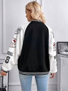 SHEIN Letter Graphic Patched Detail Striped Trim Drop Shoulder Varsity Jacket,Ladies Spring/Fall Casual Button,Patched Drop Shoulder Baseball Collar Regular Fit Multicolor Colorblock,Letter Women Jackets,Casual Daily Wear - Multicolor - View 2