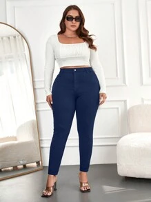 SHEIN Cottnline 女款大尺碼純色緊身牛仔褲 - 藏蓝色 - 查看 5