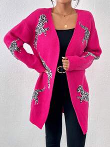 SHEIN Essnce Leopard Pattern Drop Shoulder Duster Cardigan - Hot Pink - View 6