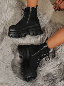 Women Wedge Boots, Lace-up Front Punk Boots Black - Black - View 5