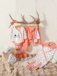 SHEIN Set regalo di body, tutina e pantaloni con bavaglino per bambine con grafica a cartoni animati e bordi a contrasto