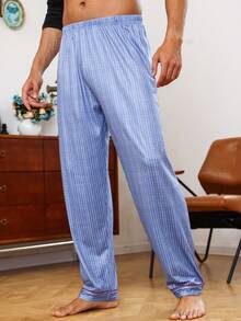 Men Striped Print Sleep Pants - Blue - View 6