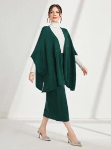 Seusyu 蝙蝠袖开衫 & 针织裙两件套 - 墨綠色 - 查看 3