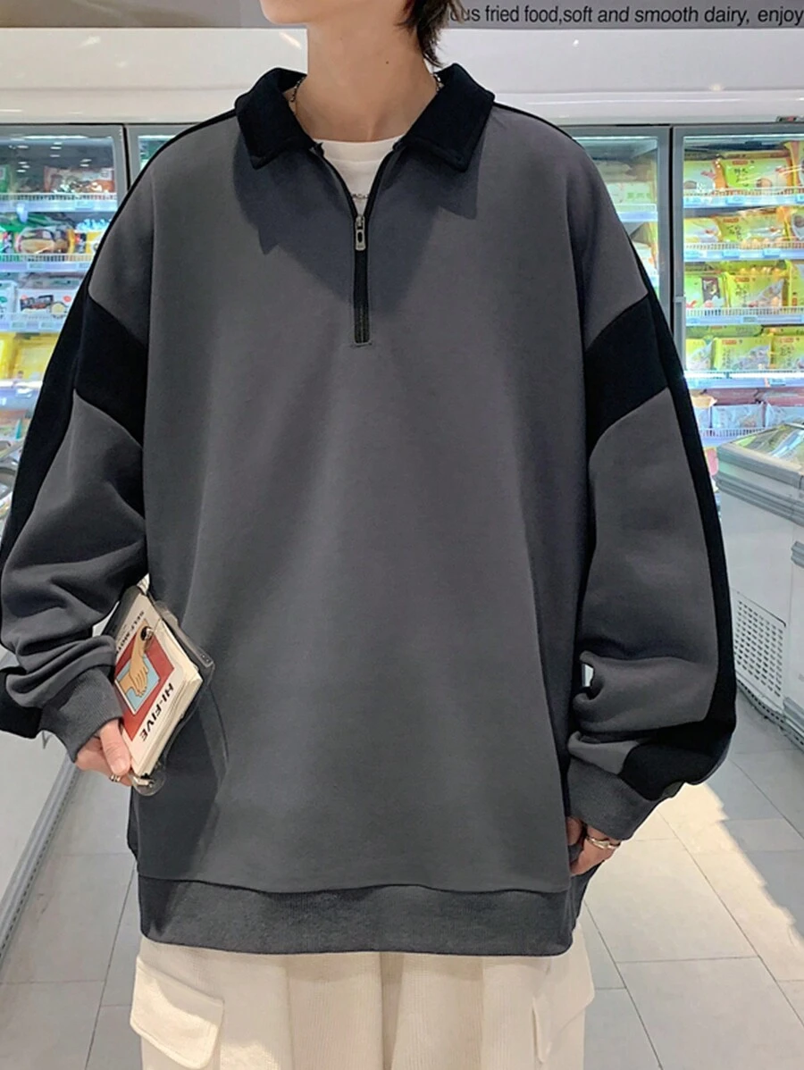 Men Colorblock Half Zip Drop Shoulder Sweatshirt - Dark Grey - View 1