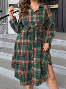 SHEIN LUNE Plus Tartan Print Belted Shirt Dress Maxi Women Outfit