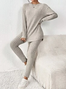 SHEIN Frenchy Ribbed Knit Drop Shoulder Tee & Leggings - Apricot - View 6