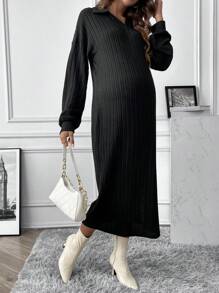 SHEIN 孕婦高衩燈籠袖條紋針織洋裝 - 黑色 - 查看 5