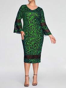 SHEIN Clasi 大碼滿版印花網紗拼接荷葉袖緊身洋裝 - 彩色 - 查看 3