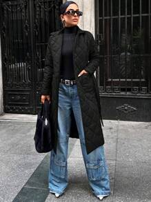 EURMUSE Women's Belted Quilted Jacket - Black - View 1