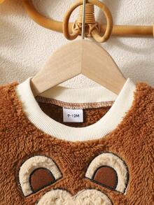 Baby Boy Cartoon Embroidery Two Tone Teddy Sweatshirt & Pants - Brown - View 3