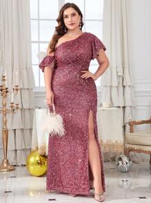 單肩亮片禮服連身裙 - 藕粉色 - 查看 1