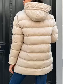 RueChic Zip Up Hooded Puffer Coat - Beige - View 2