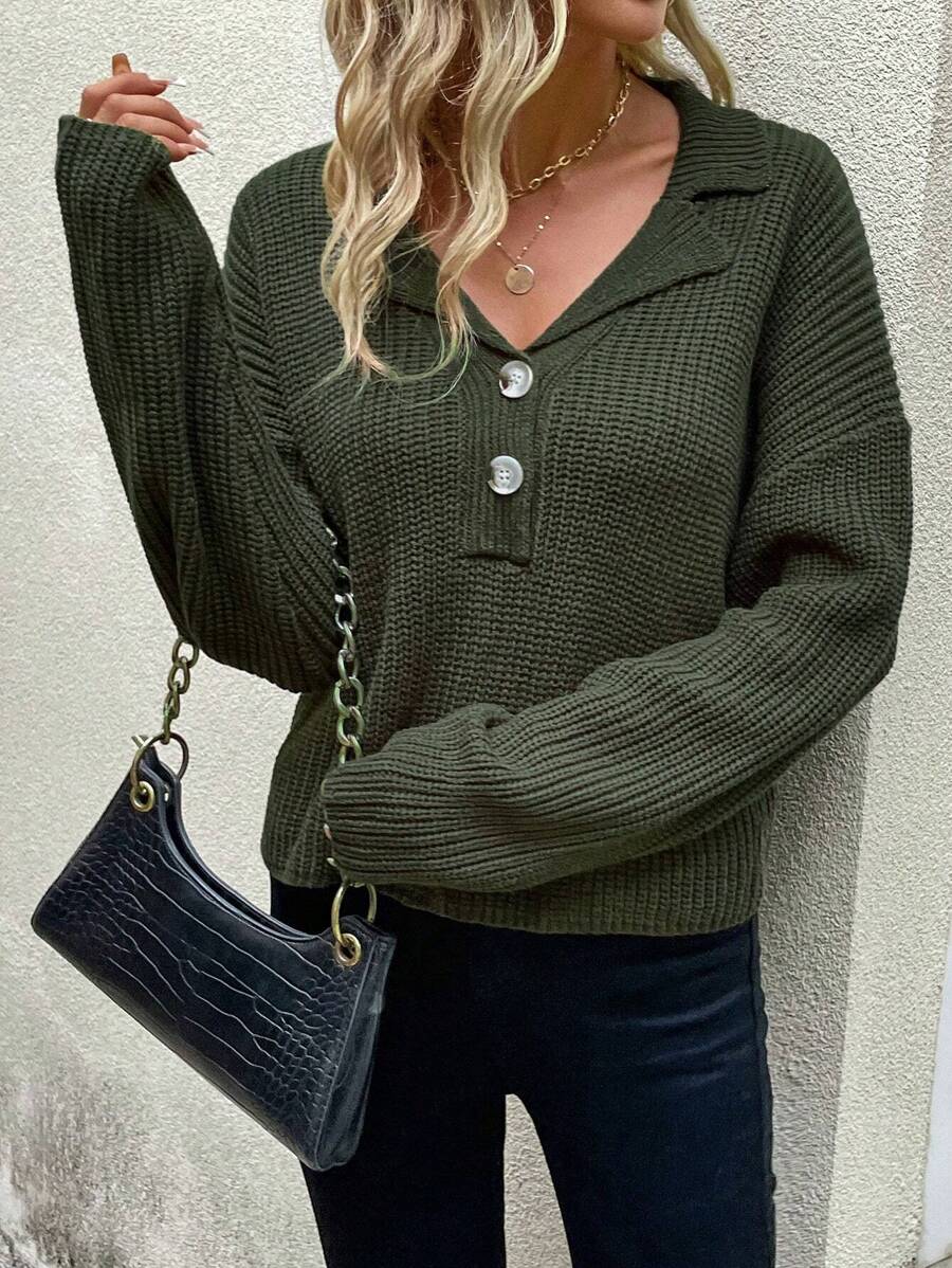 SHEIN LUNE Suéter de punto acanalado con botones y hombros caídos para otoño e invierno - Verde militar - Ver 1