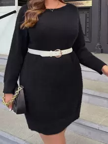 SHEIN Clasi Plus Solid Fuzzy Sweater Dress Without Belt - Black - View 5