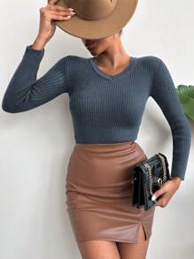 EURMUSE Plain Color Textured Knit Women's Sweater With Ribbed Details - Navy Blue - View 1