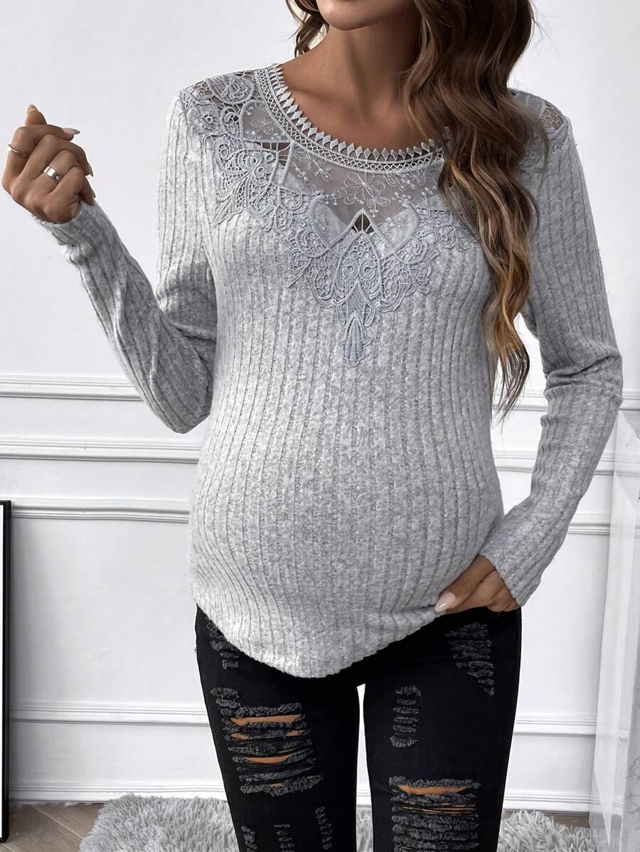 SHEIN Maternidad Camiseta con encaje tejido de canalé - Gris - Ver 1