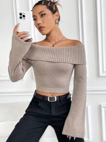Flirla Foldover Off Shoulder Crop Sweater,Long Sleeve Tops Knit Pullover Fall Winter Sweater - Khaki - View 7