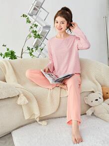 SHEIN Teen Girls' Striped Knit T-shirt And Solid Color Long Pants Homewear - Pink - View 1