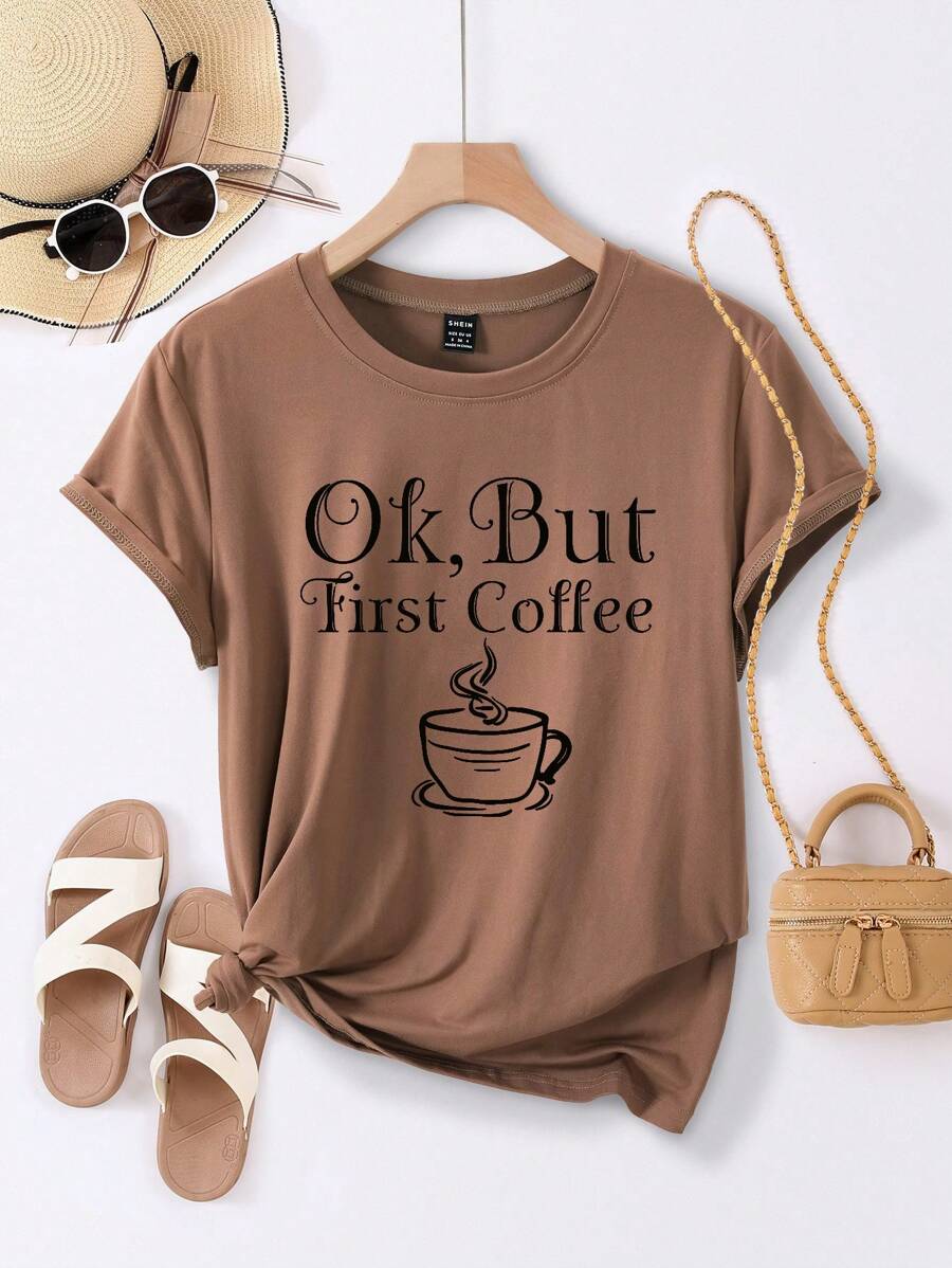 SHEIN Essnce Coffee & Slogan Graphic Tee - Khaki - View 1