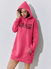 SHEIN EZwear 標語圖案袋鼠口袋落肩袖抽繩連帽洋裝 - 玫紅色 - 查看 5