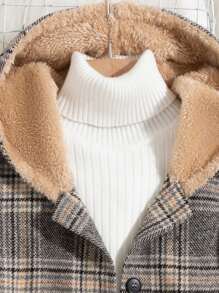 Teen Girls' Thickened Grey Plaid Hooded Coat With British Style & Thermal Lined For Autumn/Winter, Family Matching Outfits (4pcs Sold Separately) - Multicolor - View 5