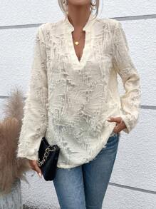 SHEIN LUNE Jacquard Floral Pattern High Low Hem Blouse - Apricot - View 4