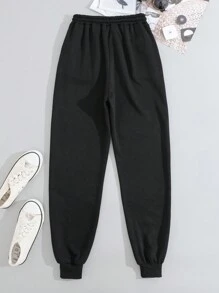 SHEIN EZwear 蝴蝶圖案腰部抽繩衛褲 - 黑色 - 查看 2
