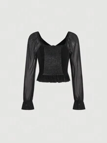 SHEIN MOD Top de manga con volante fruncido delantero - Negro - Ver 2