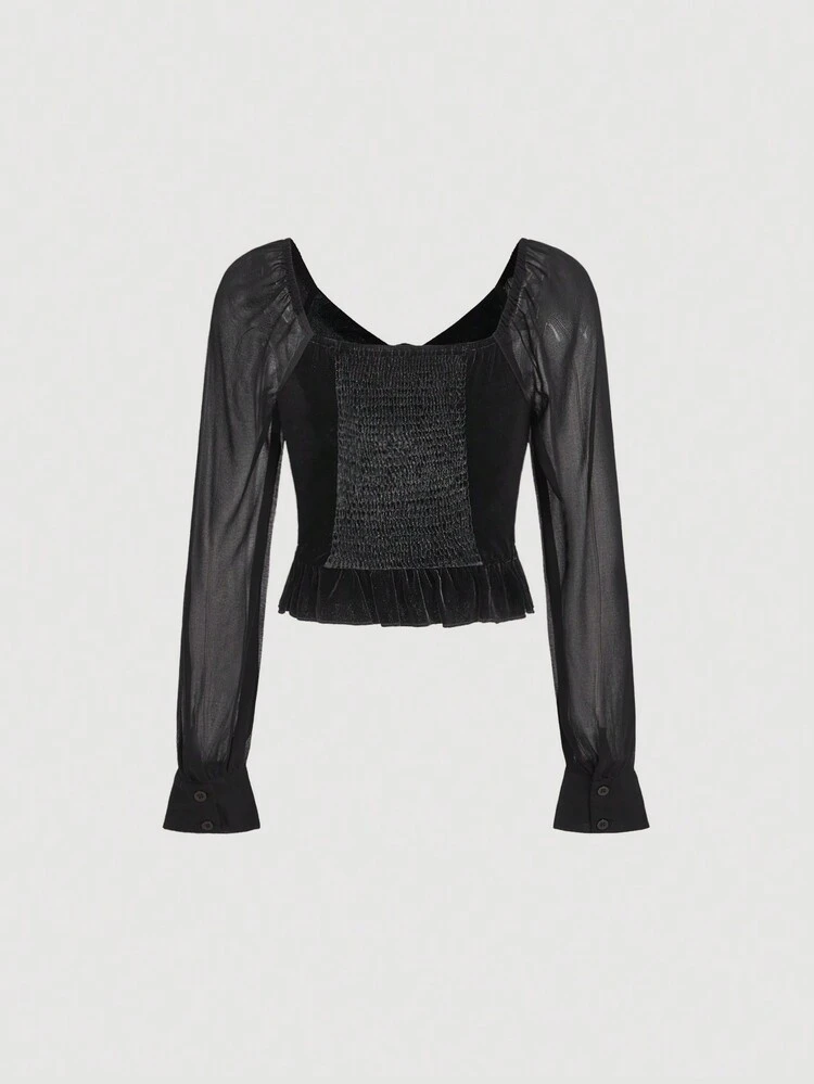 Flounce Sleeve Ruched Front Top