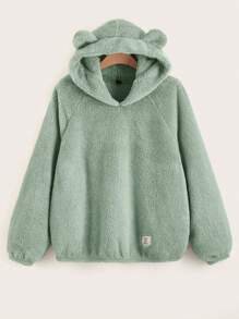 SHEIN EZwear Áo nỉ lông xù tay raglan thiết kế tai 3D cỡ lớn - Màu xanh Bạc hà - Xem 1
