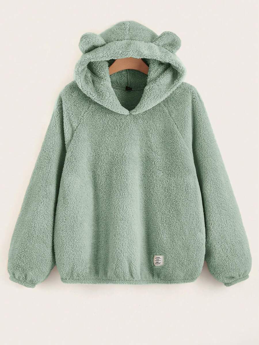 SHEIN EZwear Áo nỉ lông xù tay raglan thiết kế tai 3D cỡ lớn - Màu xanh Bạc hà - Xem 1