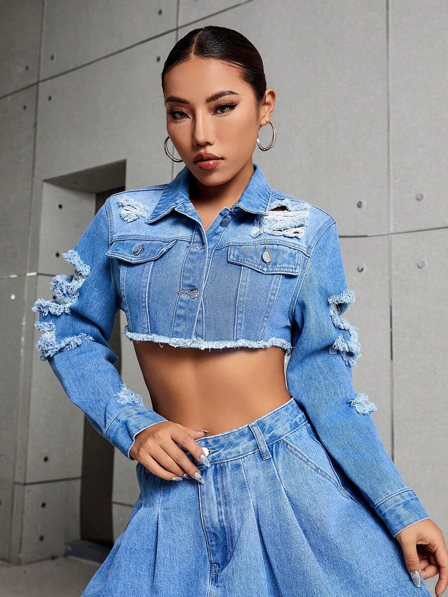 SHEIN ICON Cazadora mezclilla crop desgarro bajo crudo con diseño de solapa - Lavado ligero - Ver 1