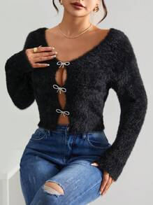 SHEIN Privé Rhinestone Bow Front Crop Fuzzy Cardigan - Black - View 4