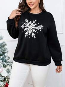 SHEIN LUNE Plus 雪花印花落肩運動衫保暖 - 黑色 - 查看 6