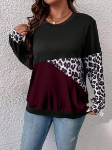 SHEIN Plus Contrast Leopard Print Colorblock Sweatshirt Pullover Fall Winter Sweatshirt Autumn - Burgundy - View 4
