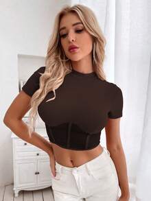 Allurite Mesh Insert Crop Tee - Coffee Brown - View 3