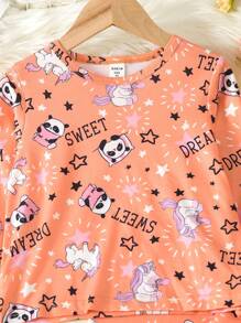 2pcs/set Girls' Cartoon Panda Pattern Knitted Long Sleeve Top And Pants Pajamas Set - Coral Pink - View 3