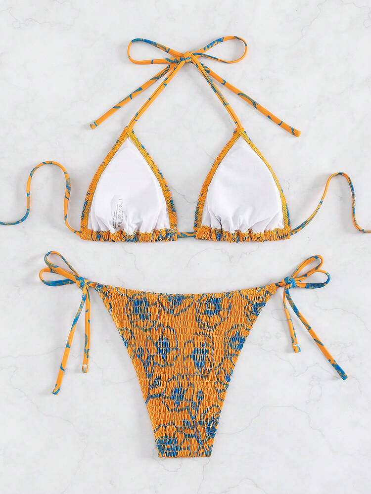 Triangular Cup Knotted Side Smocked Bikini Set Summer