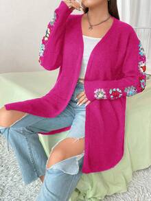 Flirla Plus Floral Embroidery Drop Shoulder Duster Cardigan - Hot Pink - View 4