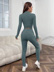 SHEIN EZwear Mock Neck Crisscross Hem Crop Tee & Leggings - Dusty Blue - View 2