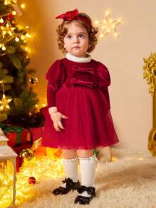 女嬰前蝴蝶結羊腿袖網紗邊洋裝＆ 頭巾