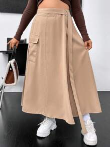 SHEIN Unity Plus Flap Pocket Buckled Detail Skirt - Apricot - View 3