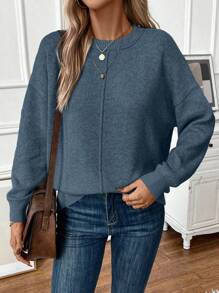 SHEIN Clasi Seam Detail Drop Shoulder Sweater - Dusty Blue - View 6