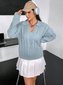 Flirla 加大码麻花针织落肩套头毛衣秋冬毛衣 - 薄荷綠 - 查看 6