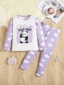 幼兒女童針織熊貓圖案圓領寬鬆上衣和寬腿長褲家居服套裝 - 粉色 - 查看 1