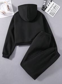 SHEIN Explorewe Teen Girl Zip Up Thermal Lined Hoodie & Sweatpants - Black - View 2
