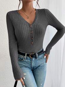 SHEIN Frenchy Button Front Ribbed Knit Slim Fit Bodysuit