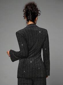 SHEIN BAE Lapel Neck Glitter Blazer - Black - View 2